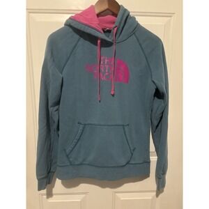The North Face Women Hoodie Sweatshirt Medium Blue Pink‎ Logo Pullover